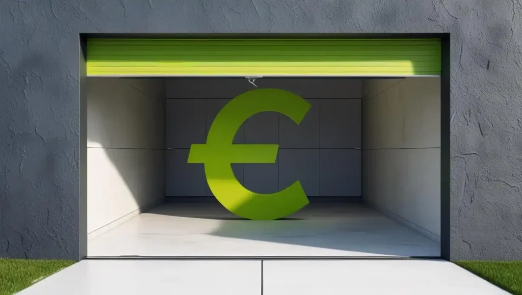 Een garagebox met een euroteken om de kosten van een opslagruimte weer te geven