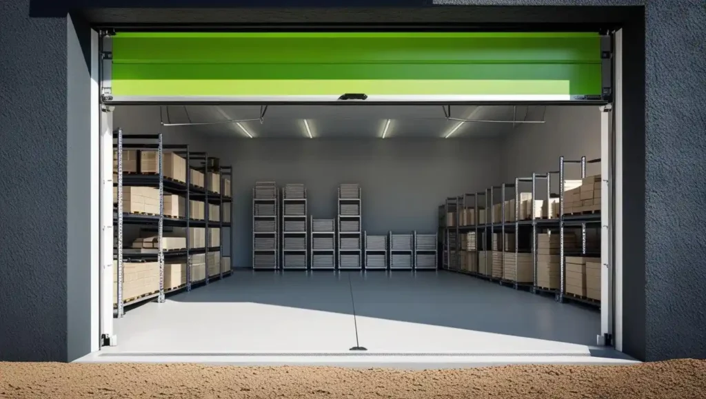 Webshop opslag in een garagebox met stellingen en dozen.